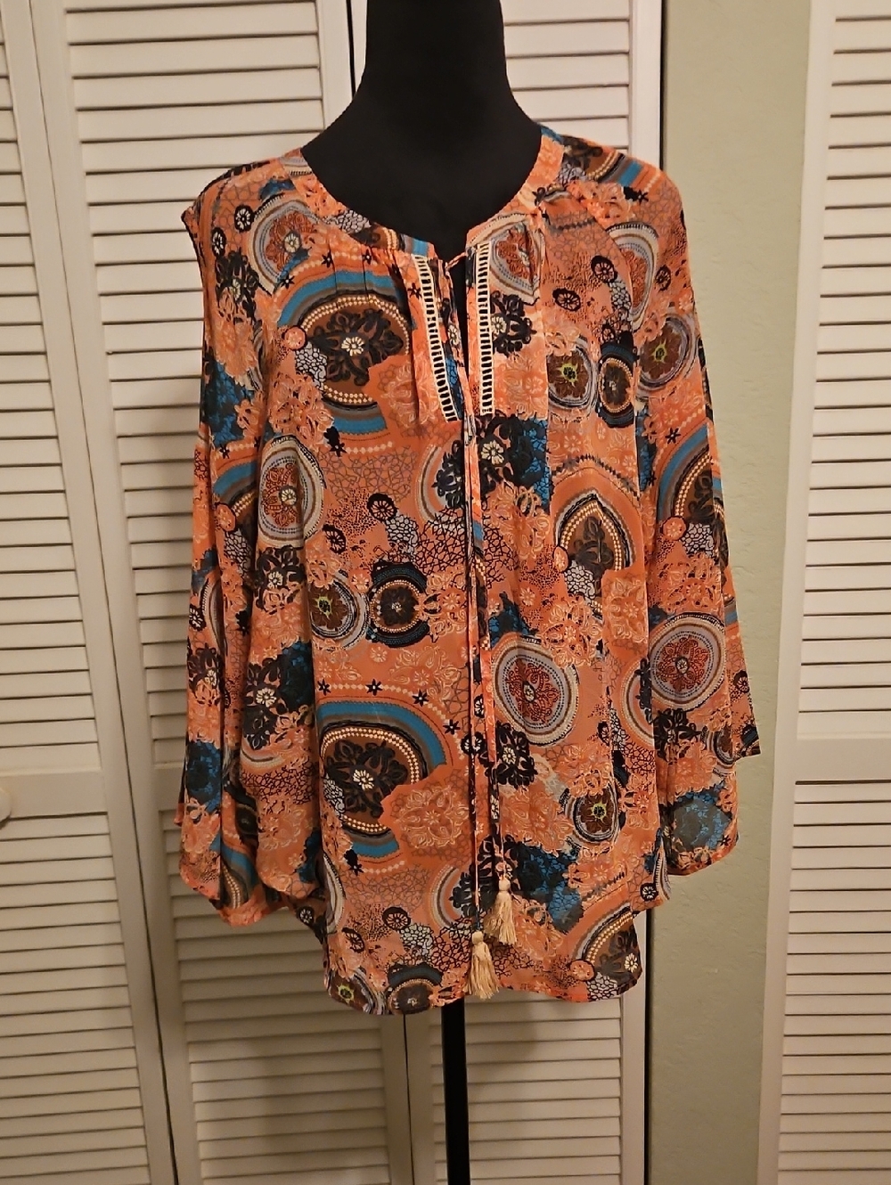 Black Rainn Peach Paisley Cold Shoulder Boho Top